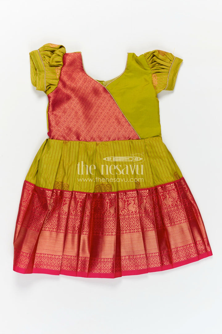 The Nesavu Girls Kanchi Silk Frock Model Frocks for Girls in Kanchi Silk with Color Block Pleats and Puff Sleeves Nesavu 16 (1Y) / Green / Style 1 SF816AA-16 Nesavu Model Frocks for Girls in Kanchi Silk with Puff Sleeves and Colourful Pleated Skirt