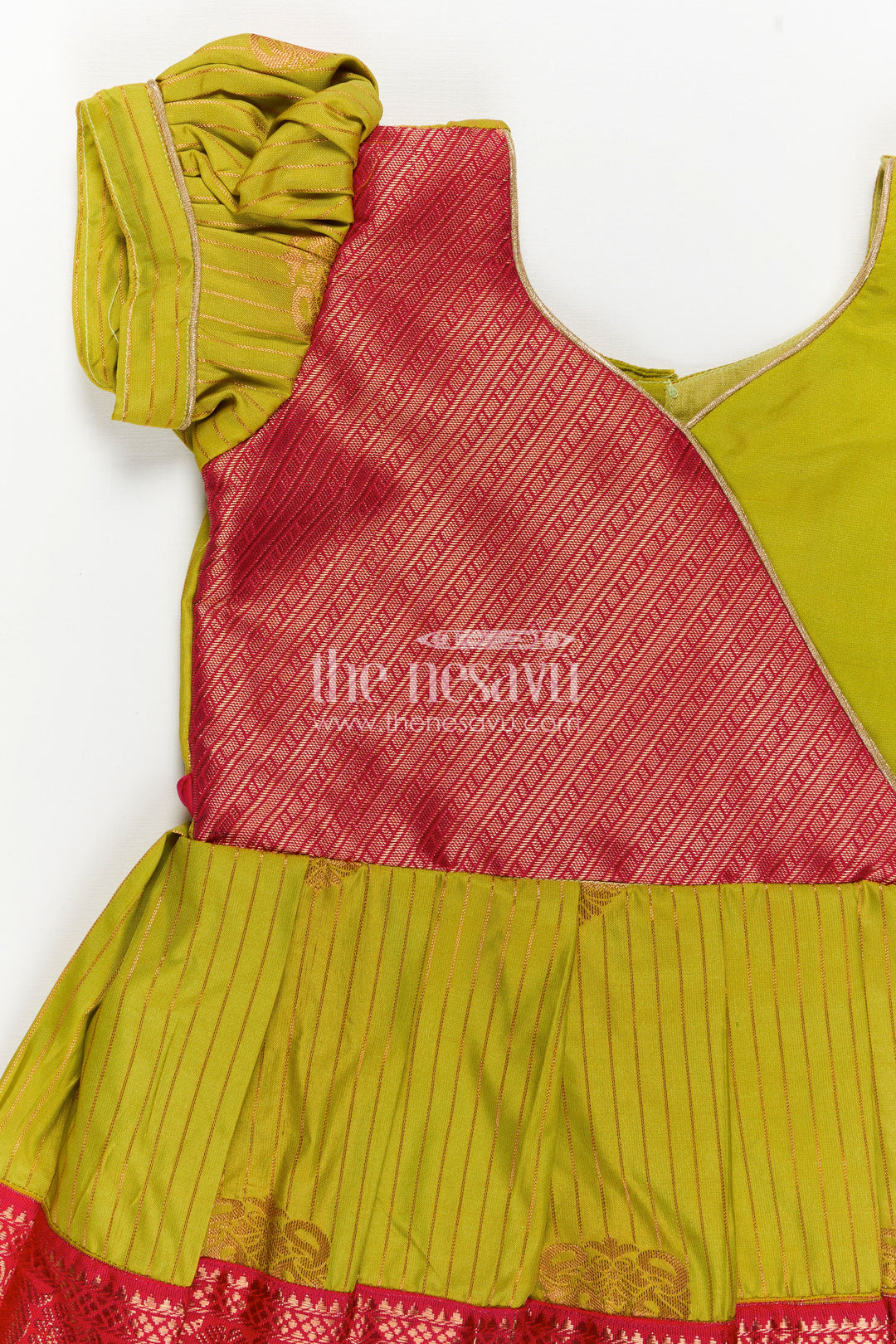 The Nesavu Girls Kanchi Silk Frock Model Frocks for Girls in Kanchi Silk with Color Block Pleats and Puff Sleeves Nesavu Nesavu Model Frocks for Girls in Kanchi Silk with Puff Sleeves and Colourful Pleated Skirt