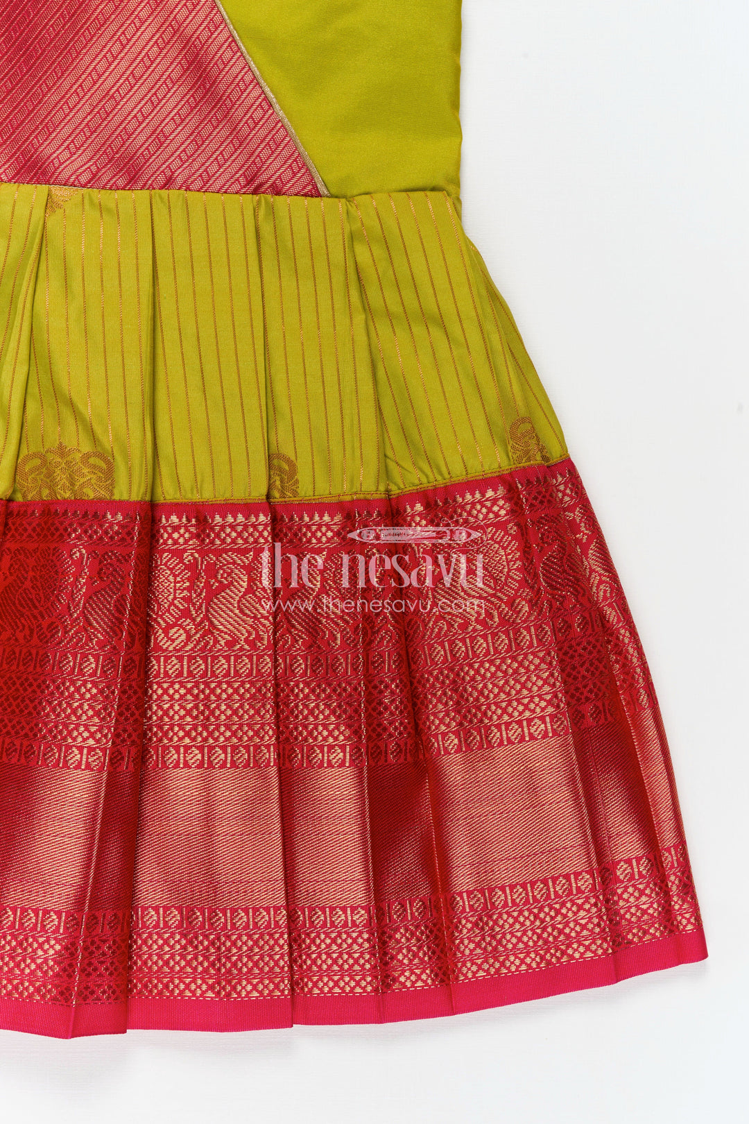 The Nesavu Girls Kanchi Silk Frock Model Frocks for Girls in Kanchi Silk with Color Block Pleats and Puff Sleeves Nesavu Nesavu Model Frocks for Girls in Kanchi Silk with Puff Sleeves and Colourful Pleated Skirt