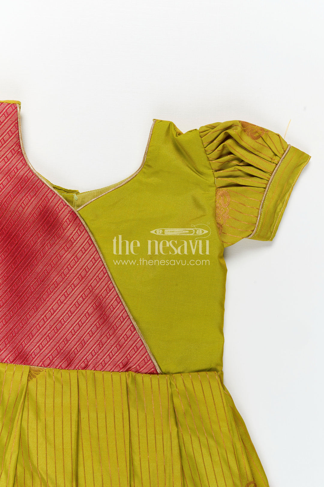 The Nesavu Girls Kanchi Silk Frock Model Frocks for Girls in Kanchi Silk with Color Block Pleats and Puff Sleeves Nesavu Nesavu Model Frocks for Girls in Kanchi Silk with Puff Sleeves and Colourful Pleated Skirt