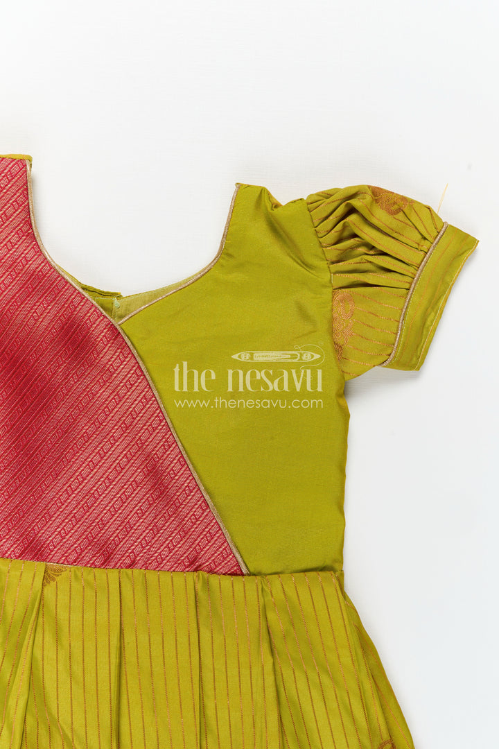 The Nesavu Girls Kanchi Silk Frock Model Frocks for Girls in Kanchi Silk with Color Block Pleats and Puff Sleeves Nesavu Nesavu Model Frocks for Girls in Kanchi Silk with Puff Sleeves and Colourful Pleated Skirt