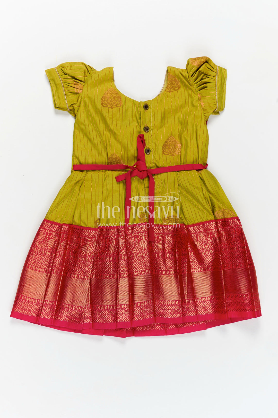The Nesavu Girls Kanchi Silk Frock Model Frocks for Girls in Kanchi Silk with Color Block Pleats and Puff Sleeves Nesavu Nesavu Model Frocks for Girls in Kanchi Silk with Puff Sleeves and Colourful Pleated Skirt