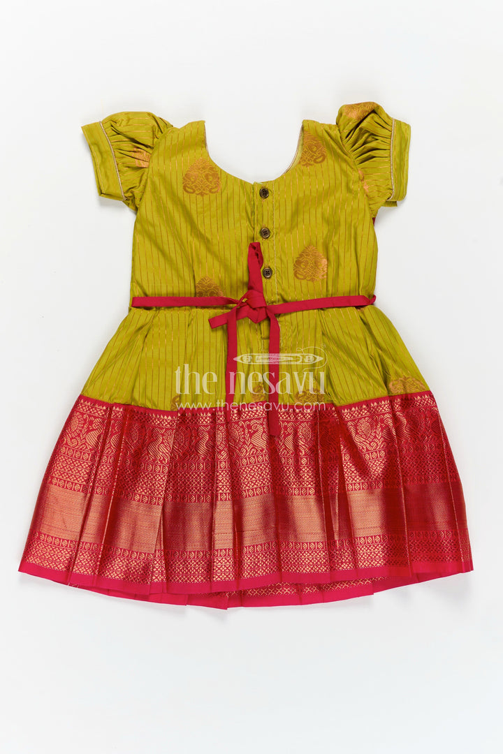The Nesavu Girls Kanchi Silk Frock Model Frocks for Girls in Kanchi Silk with Color Block Pleats and Puff Sleeves Nesavu Nesavu Model Frocks for Girls in Kanchi Silk with Puff Sleeves and Colourful Pleated Skirt