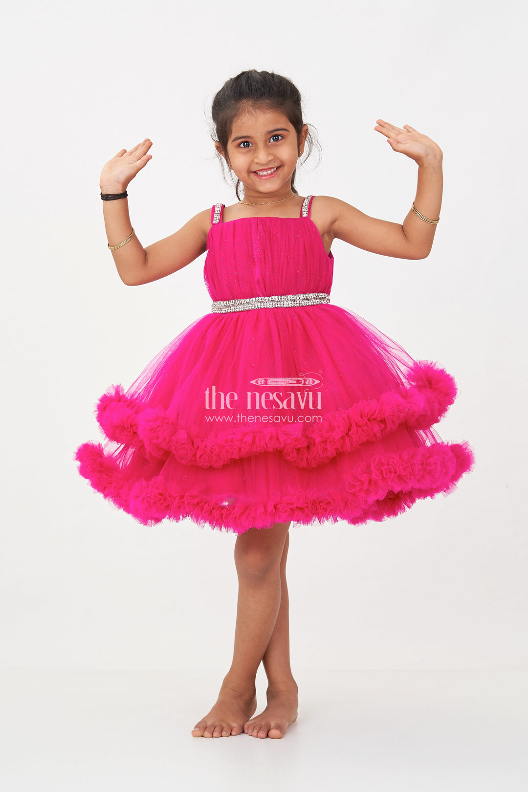 The Nesavu Girls Fancy Party Frock Modern Dress Frock for Girls in Soft Net with Stone Embellished Belt and Ruffle Skirt Layers Nesavu 16 (1Y) / Pink PF216A-16 Modern Dress Frock Girls Wine Net Stone Belt Ruffle Layers | The Nesavu