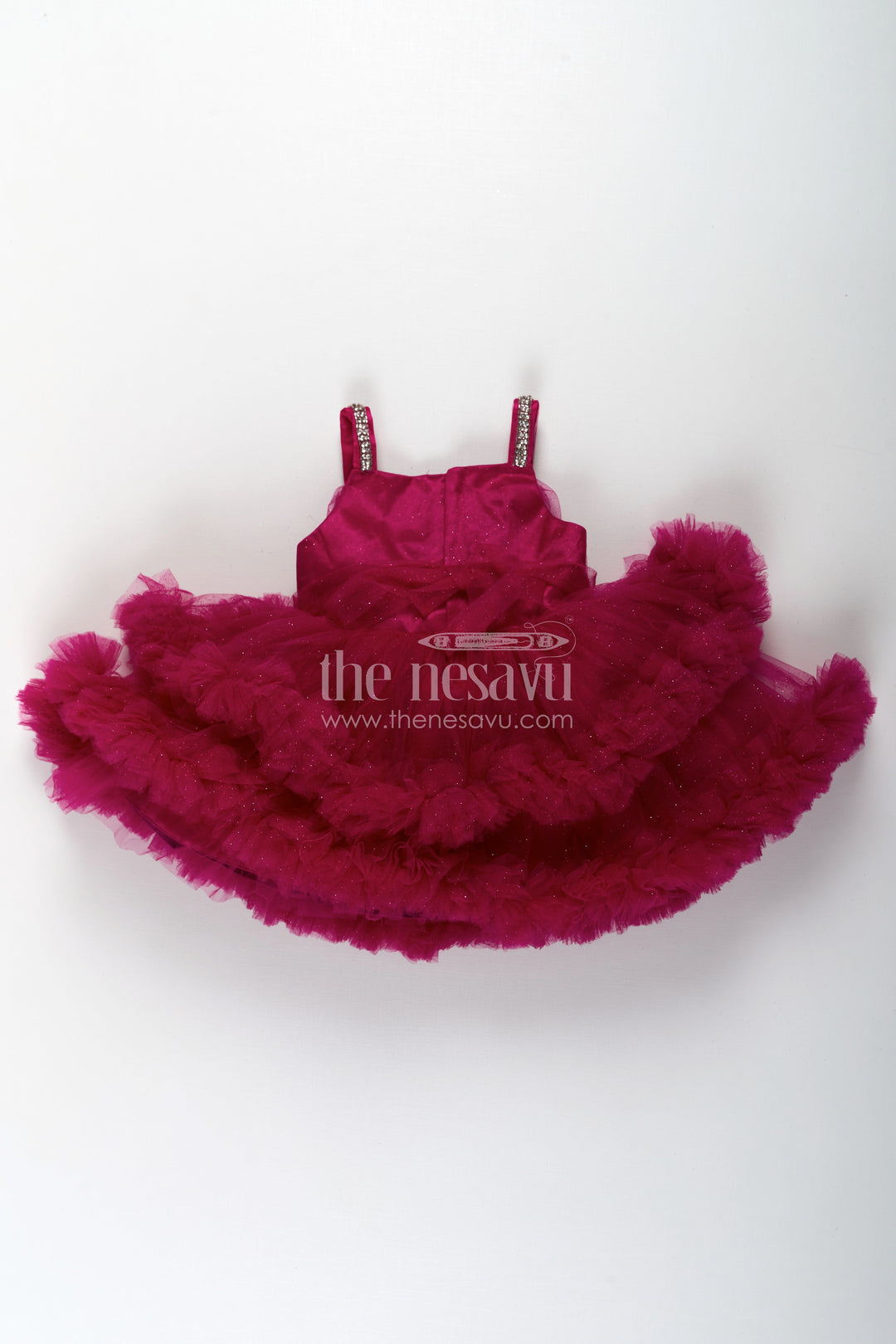 The Nesavu Girls Fancy Party Frock Modern Dress Frock for Girls in Soft Net with Stone Embellished Belt and Ruffle Skirt Layers Nesavu Nesavu Modern Dress Frock Girls Wine Net Stone Belt Ruffle Layers