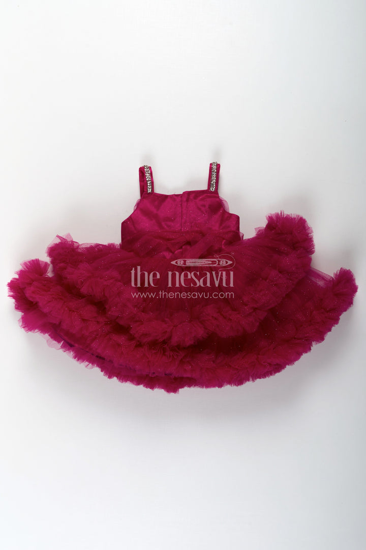 The Nesavu Girls Fancy Party Frock Modern Dress Frock for Girls in Soft Net with Stone Embellished Belt and Ruffle Skirt Layers Nesavu Nesavu Modern Dress Frock Girls Wine Net Stone Belt Ruffle Layers