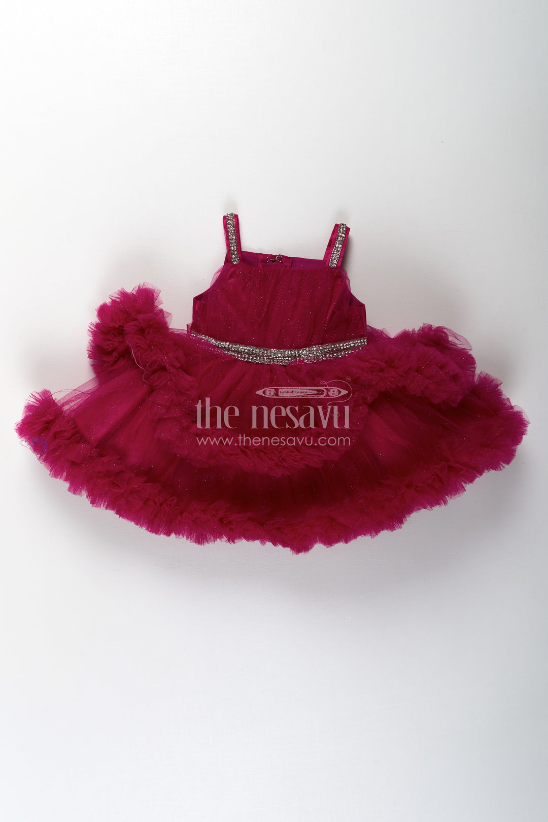 The Nesavu Girls Fancy Party Frock Modern Dress Frock for Girls in Soft Net with Stone Embellished Belt and Ruffle Skirt Layers Nesavu Nesavu Modern Dress Frock Girls Wine Net Stone Belt Ruffle Layers