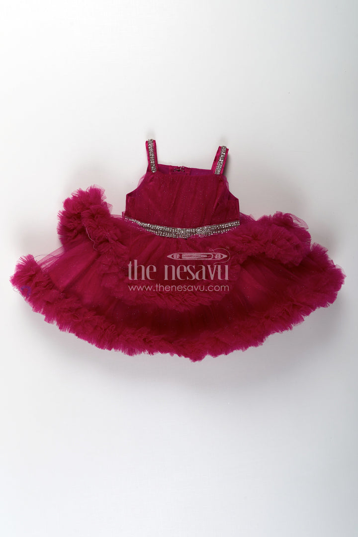 The Nesavu Girls Fancy Party Frock Modern Dress Frock for Girls in Soft Net with Stone Embellished Belt and Ruffle Skirt Layers Nesavu Nesavu Modern Dress Frock Girls Wine Net Stone Belt Ruffle Layers