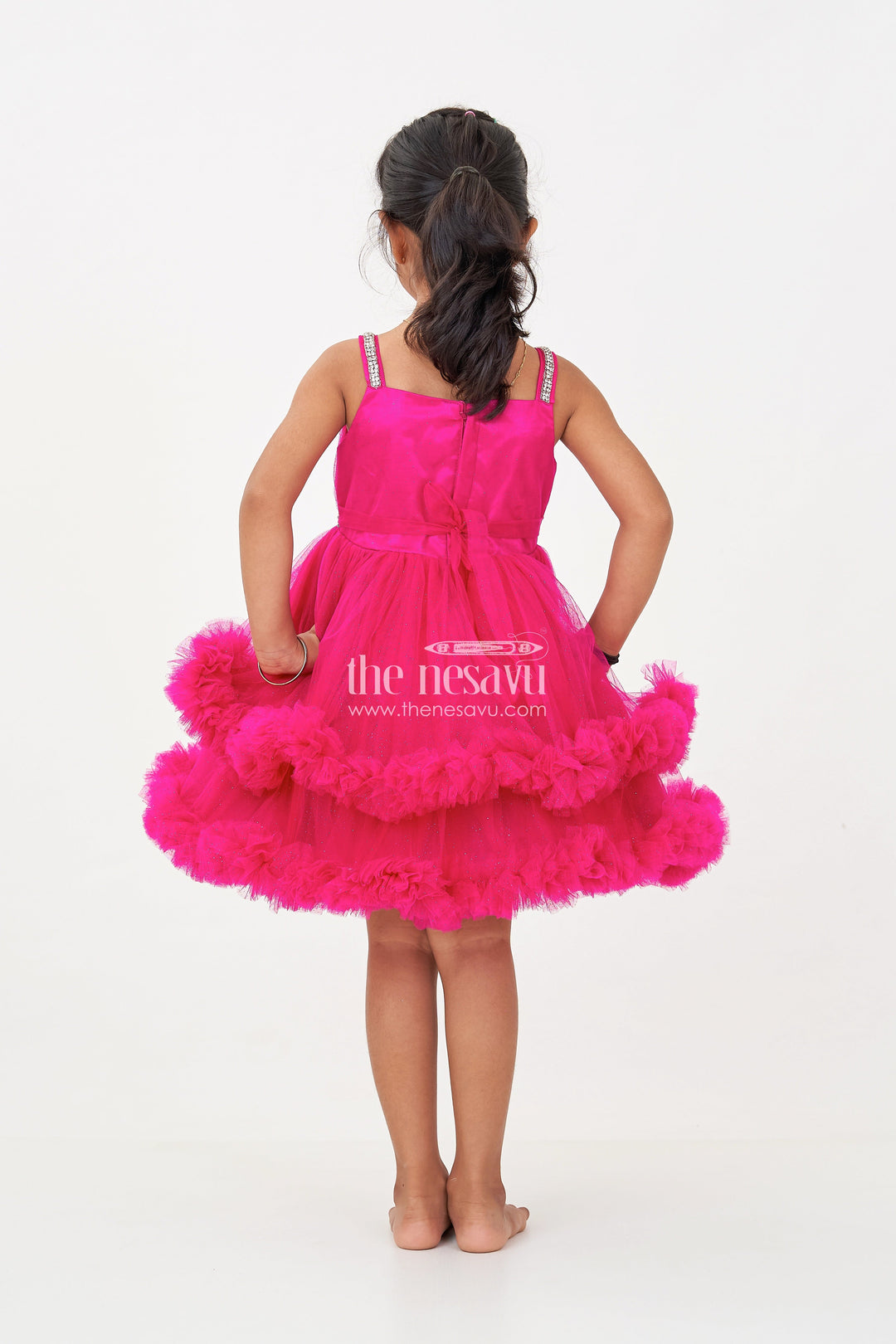 The Nesavu Girls Fancy Party Frock Modern Dress Frock for Girls in Soft Net with Stone Embellished Belt and Ruffle Skirt Layers Nesavu Nesavu Modern Dress Frock Girls Wine Net Stone Belt Ruffle Layers