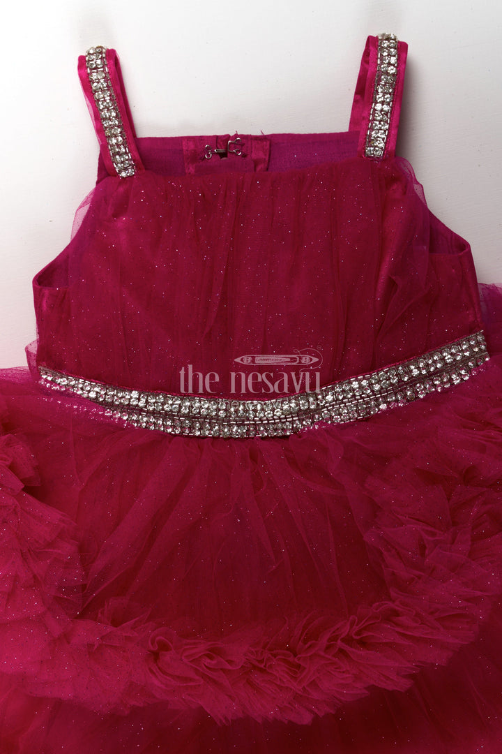 The Nesavu Girls Fancy Party Frock Modern Dress Frock for Girls in Soft Net with Stone Embellished Belt and Ruffle Skirt Layers Nesavu Nesavu Modern Dress Frock Girls Wine Net Stone Belt Ruffle Layers