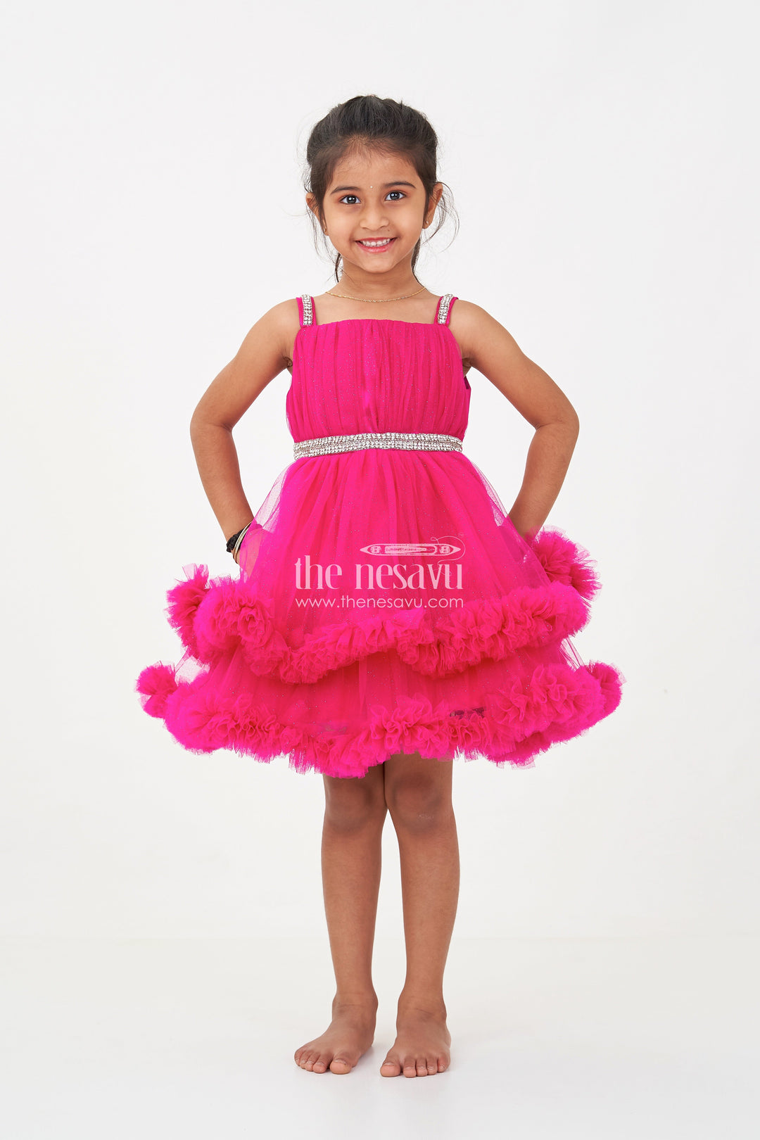 The Nesavu Girls Fancy Party Frock Modern Dress Frock for Girls in Soft Net with Stone Embellished Belt and Ruffle Skirt Layers Nesavu Nesavu Modern Dress Frock Girls Wine Net Stone Belt Ruffle Layers