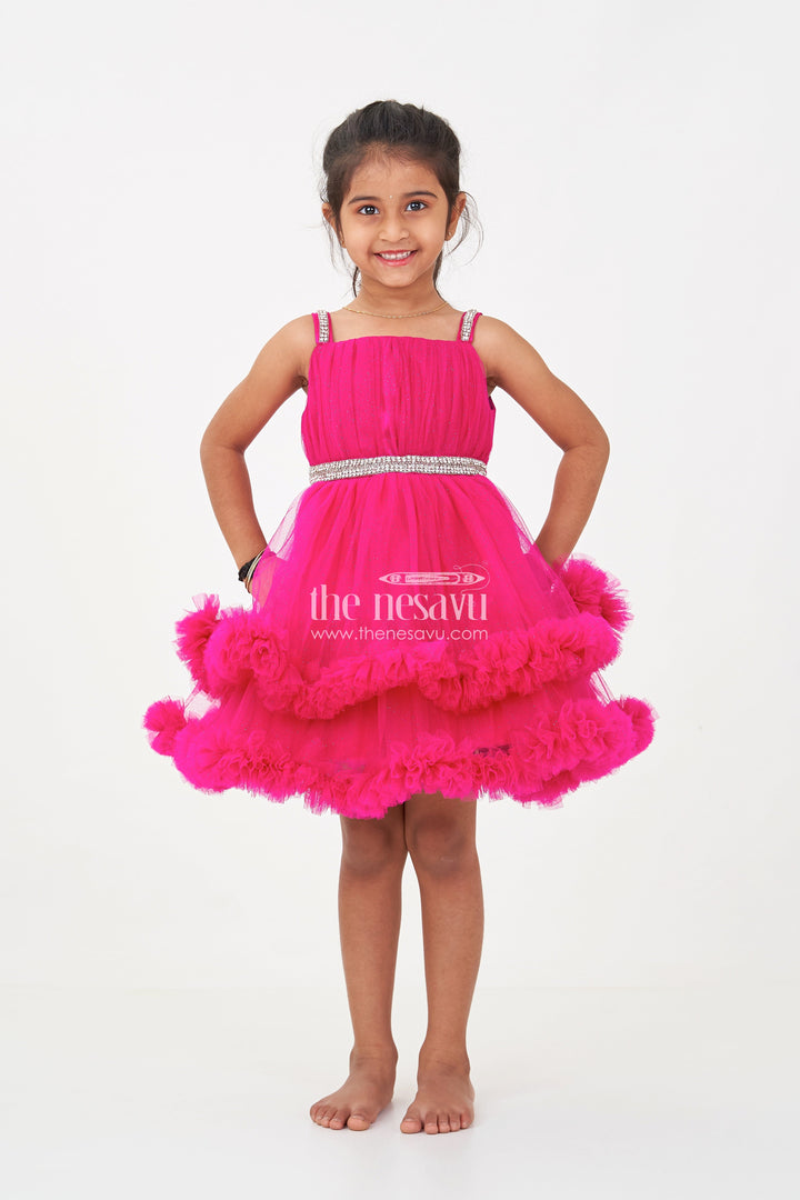 The Nesavu Girls Fancy Party Frock Modern Dress Frock for Girls in Soft Net with Stone Embellished Belt and Ruffle Skirt Layers Nesavu Nesavu Modern Dress Frock Girls Wine Net Stone Belt Ruffle Layers