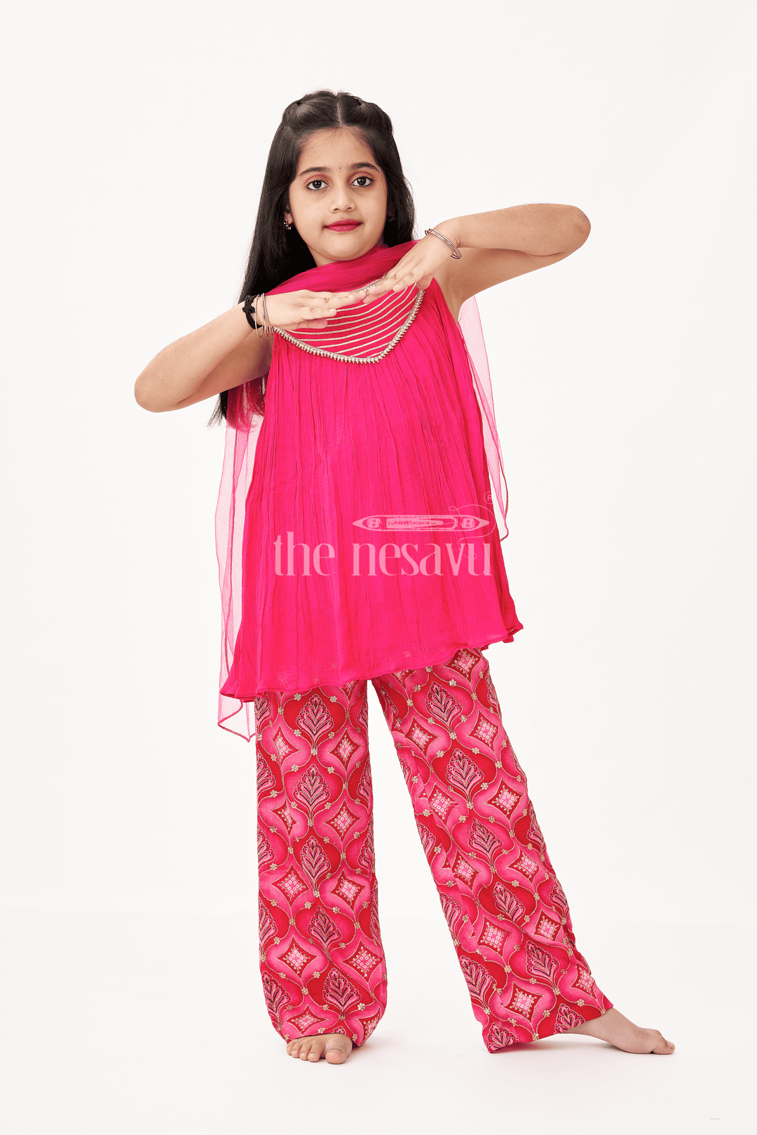 The Nesavu Girls Sharara / Plazo Set Modern Gharara Sharara Dress for Girls in Viscose Silk with Pearl Embellished Yoke and Designer Bottom Nesavu 16 (1Y) / Pink GPS588A-16 Modern Gharara Sharara Dress for Girls in Magenta Viscose Silk with Pearl Embellished Yoke | The Nesavu