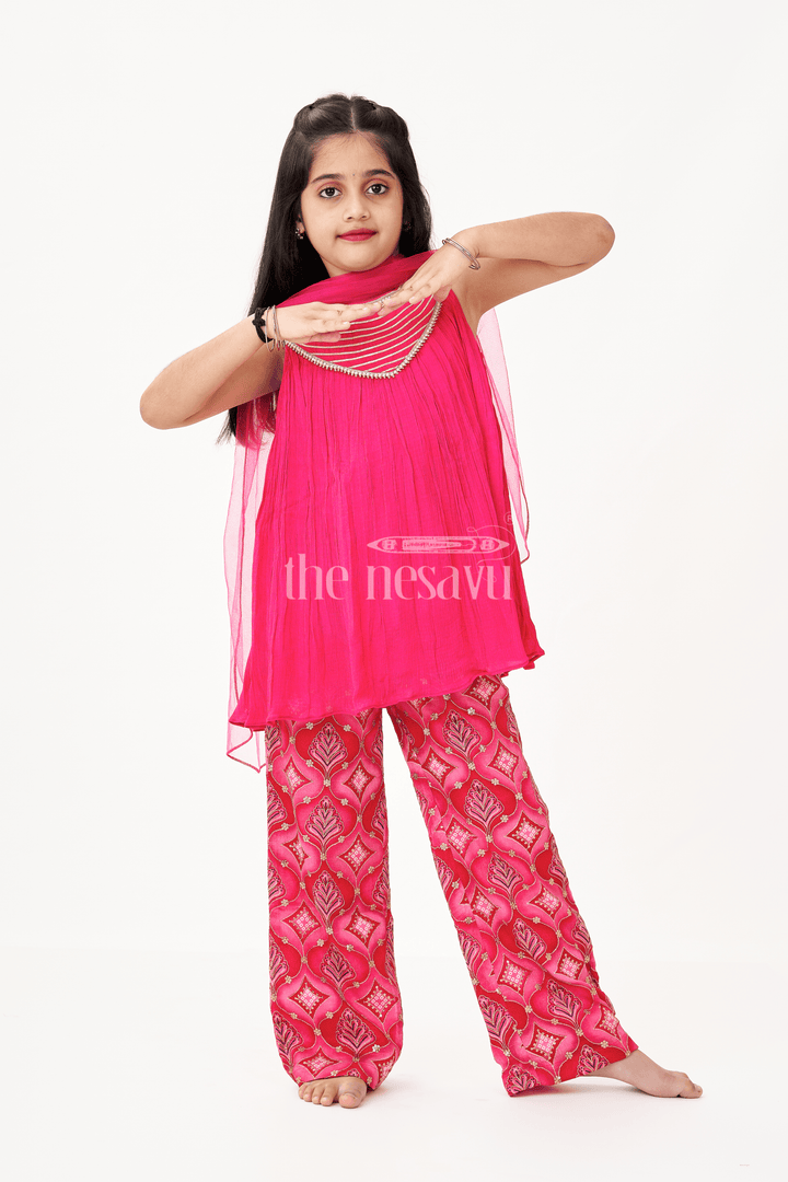 The Nesavu Girls Sharara / Plazo Set Modern Gharara Sharara Dress for Girls in Viscose Silk with Pearl Embellished Yoke and Designer Bottom Nesavu 16 (1Y) / Pink GPS588A-16 Modern Gharara Sharara Dress for Girls in Magenta Viscose Silk with Pearl Embellished Yoke | The Nesavu