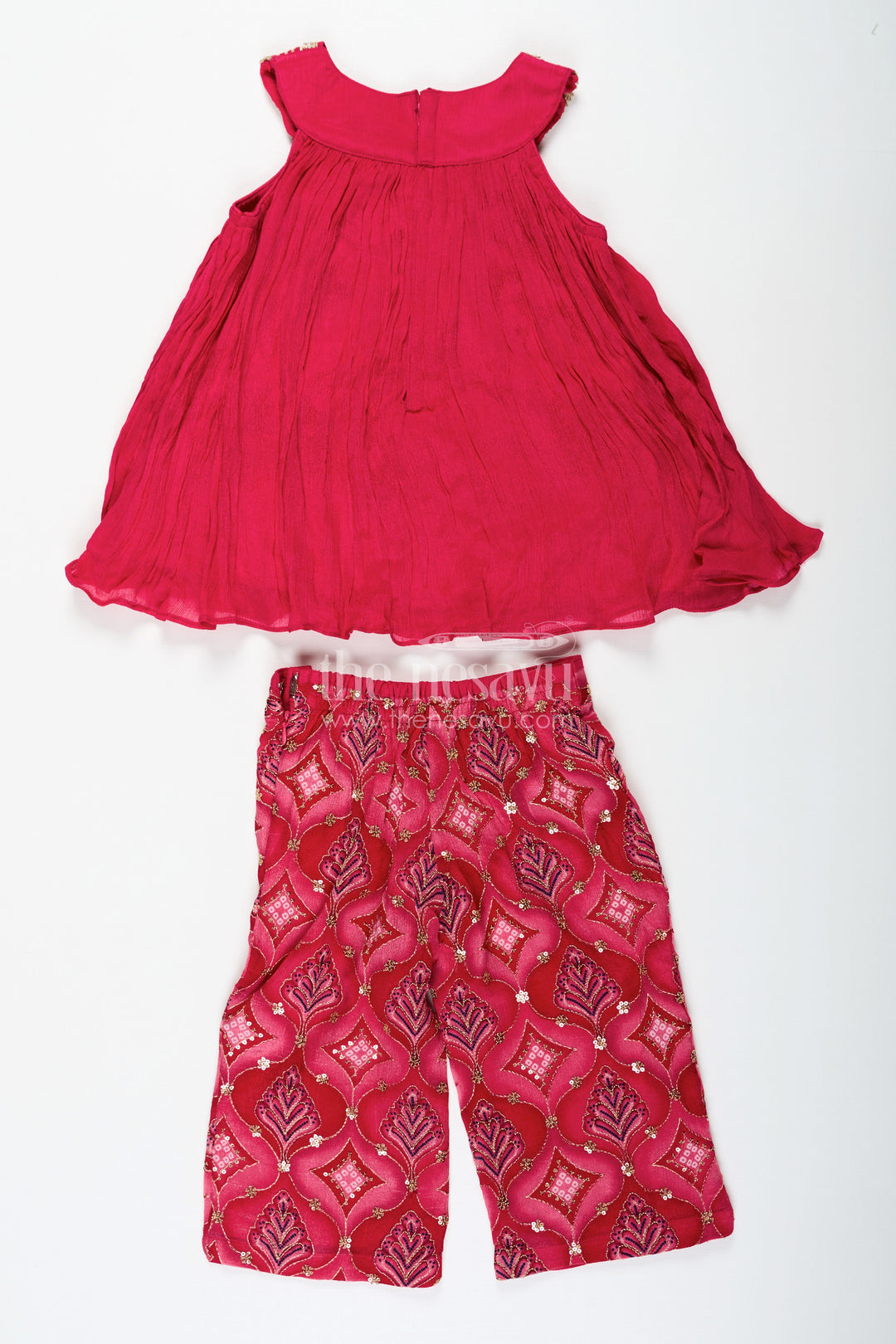 The Nesavu Girls Sharara / Plazo Set Modern Gharara Sharara Dress for Girls in Viscose Silk with Pearl Embellished Yoke and Designer Bottom Nesavu Modern Gharara Sharara Dress for Girls in Magenta Viscose Silk with Pearl Embellished Yoke | The Nesavu