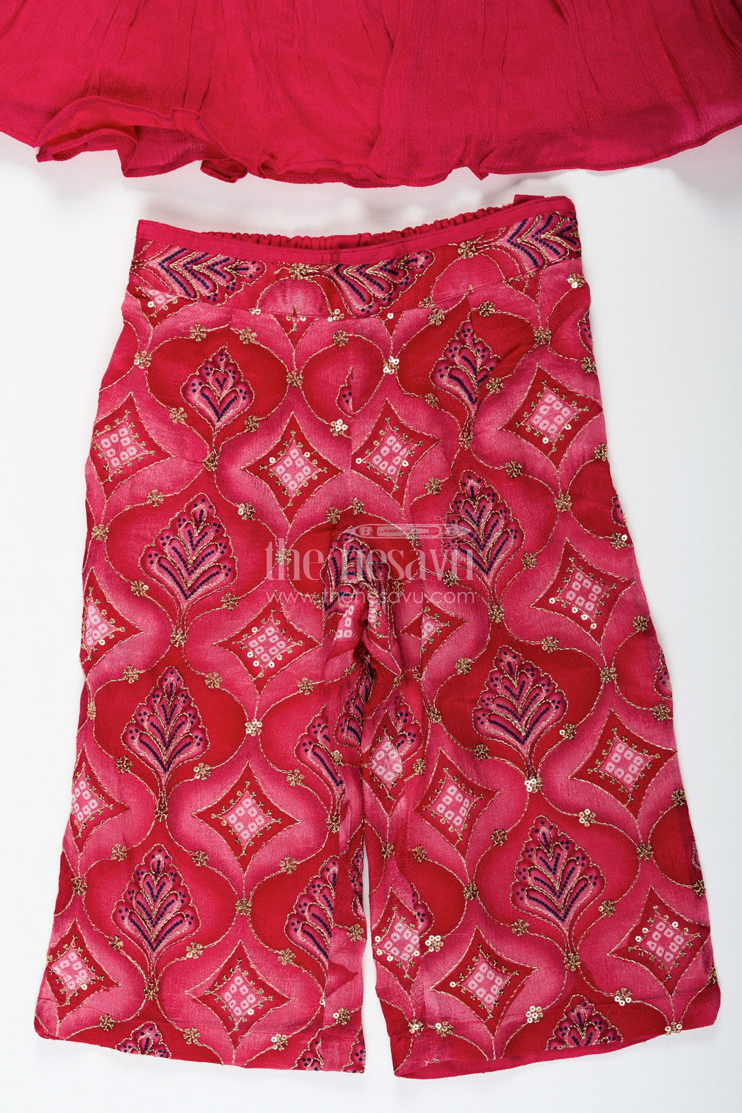 The Nesavu Girls Sharara / Plazo Set Modern Gharara Sharara Dress for Girls in Viscose Silk with Pearl Embellished Yoke and Designer Bottom Nesavu Modern Gharara Sharara Dress for Girls in Magenta Viscose Silk with Pearl Embellished Yoke | The Nesavu