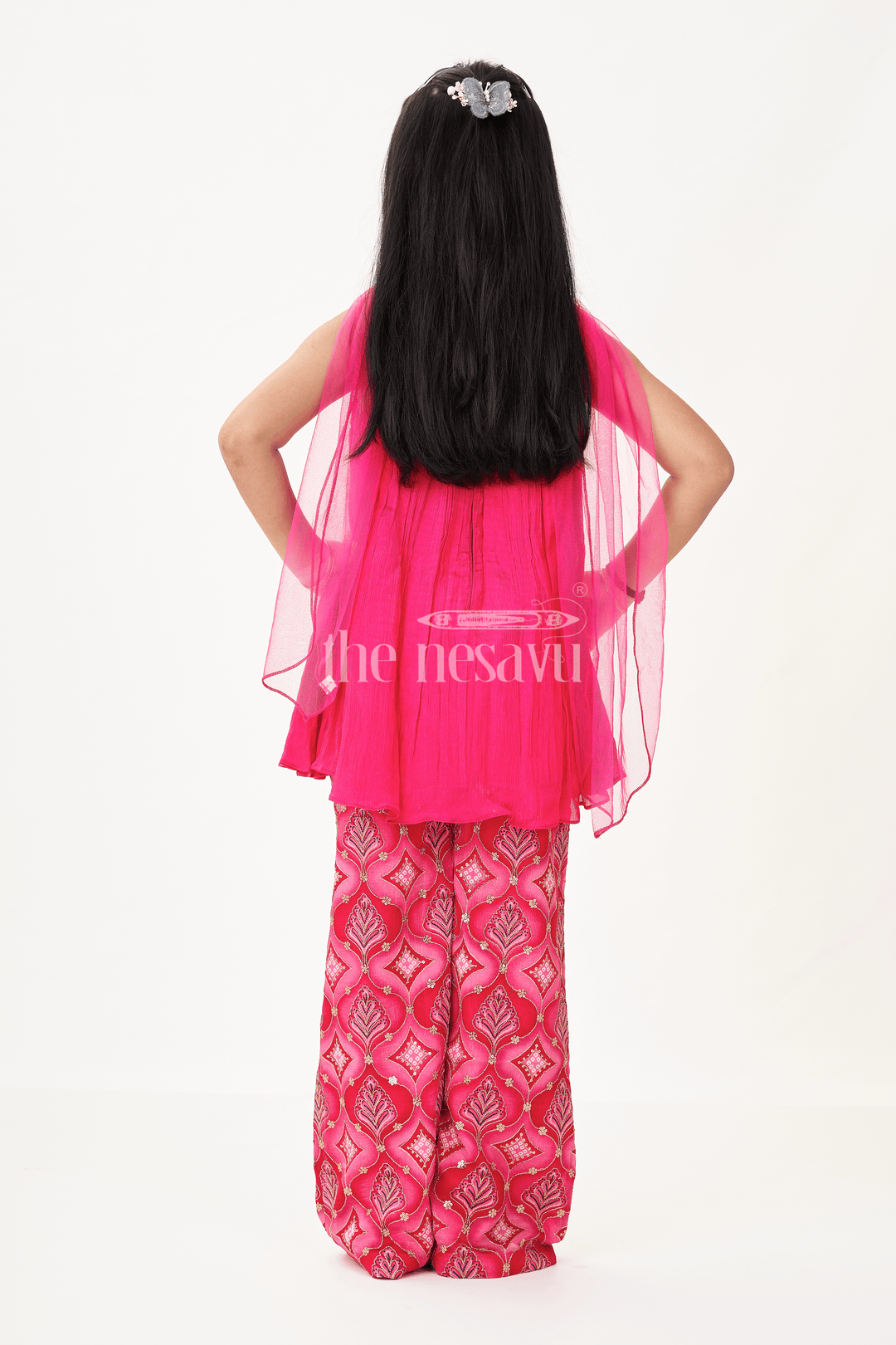 The Nesavu Girls Sharara / Plazo Set Modern Gharara Sharara Dress for Girls in Viscose Silk with Pearl Embellished Yoke and Designer Bottom Nesavu Modern Gharara Sharara Dress for Girls in Magenta Viscose Silk with Pearl Embellished Yoke | The Nesavu