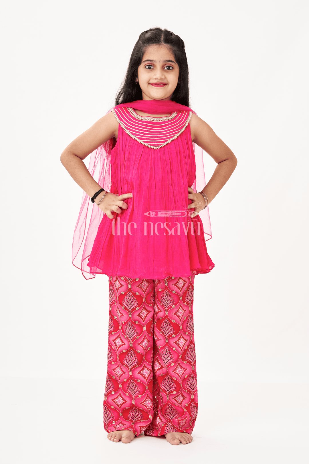 The Nesavu Girls Sharara / Plazo Set Modern Gharara Sharara Dress for Girls in Viscose Silk with Pearl Embellished Yoke and Designer Bottom Nesavu Modern Gharara Sharara Dress for Girls in Magenta Viscose Silk with Pearl Embellished Yoke | The Nesavu