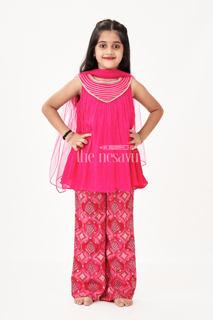 The Nesavu Girls Sharara / Plazo Set Modern Gharara Sharara Dress for Girls in Viscose Silk with Pearl Embellished Yoke and Designer Bottom Nesavu Modern Gharara Sharara Dress for Girls in Magenta Viscose Silk with Pearl Embellished Yoke | The Nesavu