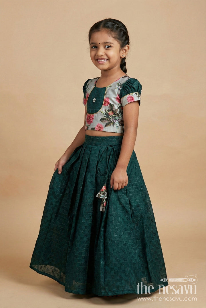 The Nesavu Girls Lehenga Choli Modern Lehengas for Girls in Elegant Green with Floral Printed Chanderi Yoke and Silk Cotton Finish Nesavu 16 (1Y) / Green GL654A-16 Nesavu Modern Girls Lehenga Green Silk Cotton Skirt Chanderi Floral Yoke Blouse Set