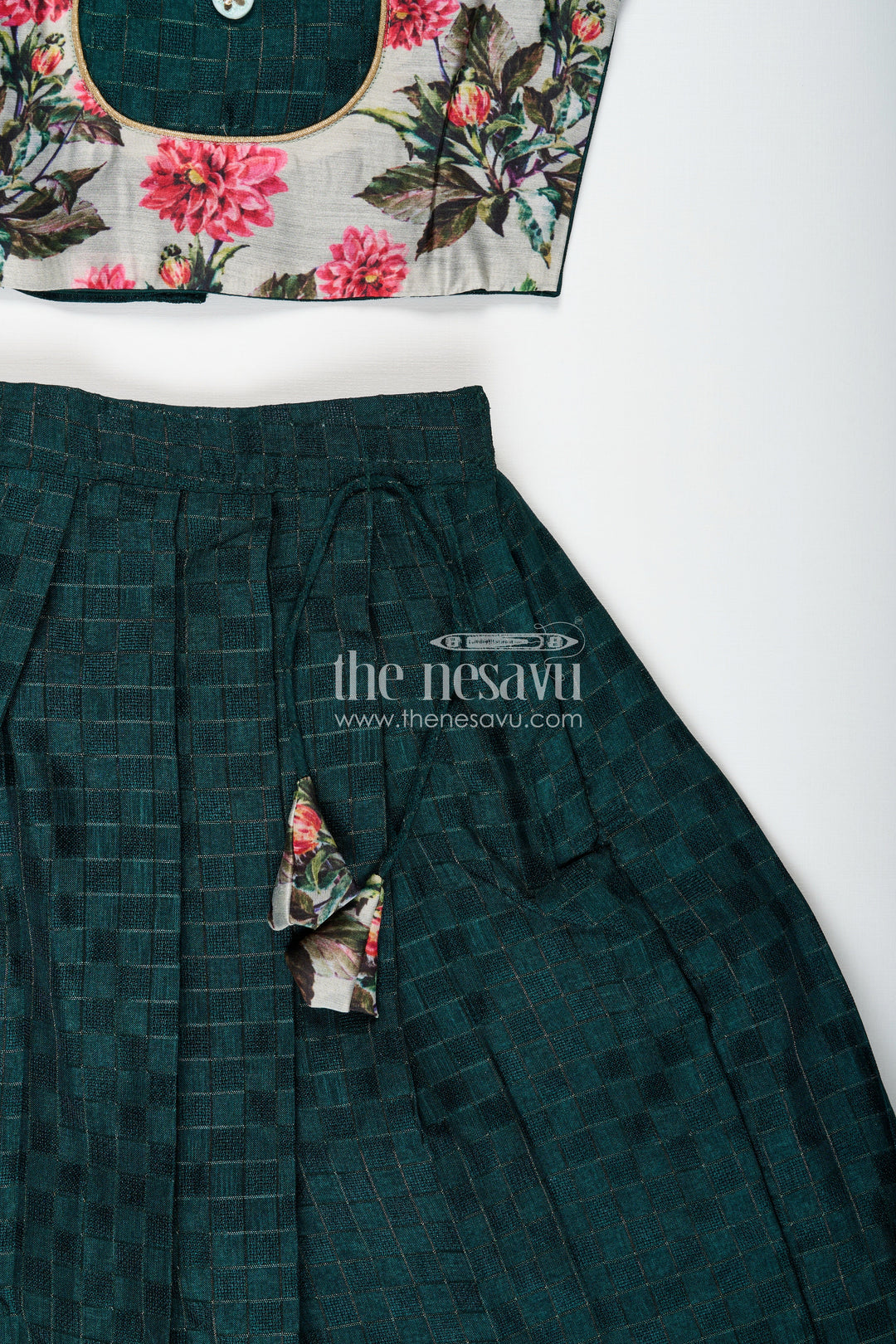 The Nesavu Girls Lehenga Choli Modern Lehengas for Girls in Elegant Green with Floral Printed Chanderi Yoke and Silk Cotton Finish Nesavu Nesavu Modern Girls Lehenga Green Silk Cotton Skirt Chanderi Floral Yoke Blouse Set
