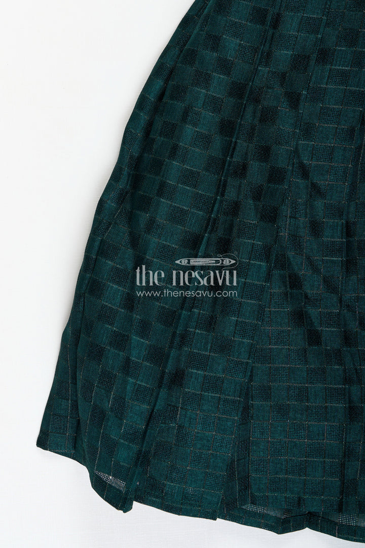 The Nesavu Girls Lehenga Choli Modern Lehengas for Girls in Elegant Green with Floral Printed Chanderi Yoke and Silk Cotton Finish Nesavu Nesavu Modern Girls Lehenga Green Silk Cotton Skirt Chanderi Floral Yoke Blouse Set