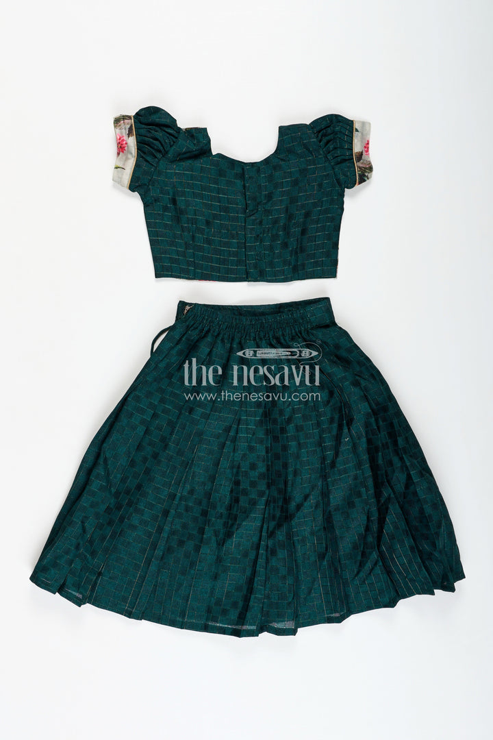 The Nesavu Girls Lehenga Choli Modern Lehengas for Girls in Elegant Green with Floral Printed Chanderi Yoke and Silk Cotton Finish Nesavu Nesavu Modern Girls Lehenga Green Silk Cotton Skirt Chanderi Floral Yoke Blouse Set