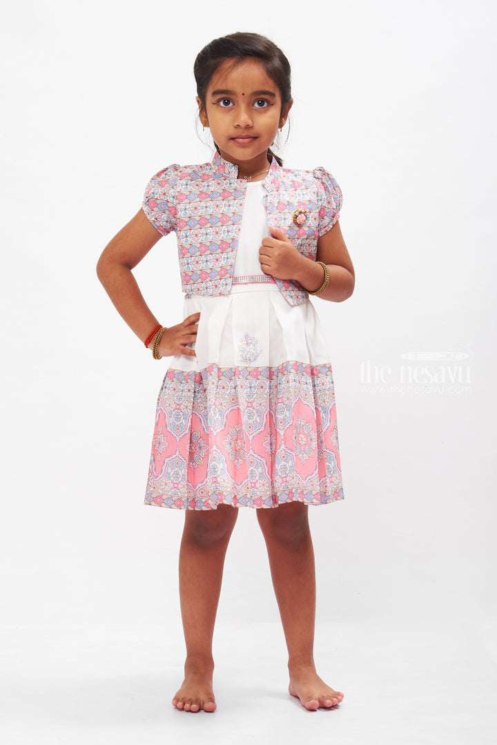 The Nesavu Girls Cotton Frock Mosaic Marvel Cotton Frock with Ornate Jacket for Girls Nesavu 22 (4Y) / Pink / Cotton GFC1260A-22 Girls Ornate Mosaic Print Dress with Jacket | Elegant Occasion Wear