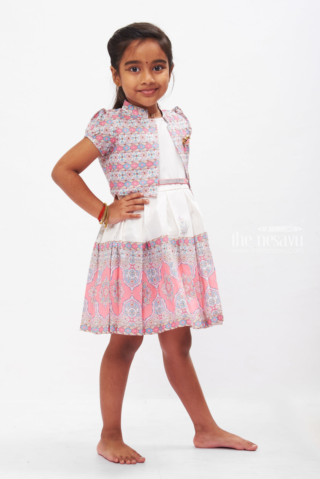 The Nesavu Girls Cotton Frock Mosaic Marvel Cotton Frock with Ornate Jacket for Girls Nesavu Girls Ornate Mosaic Print Dress with Jacket | Elegant Occasion Wear