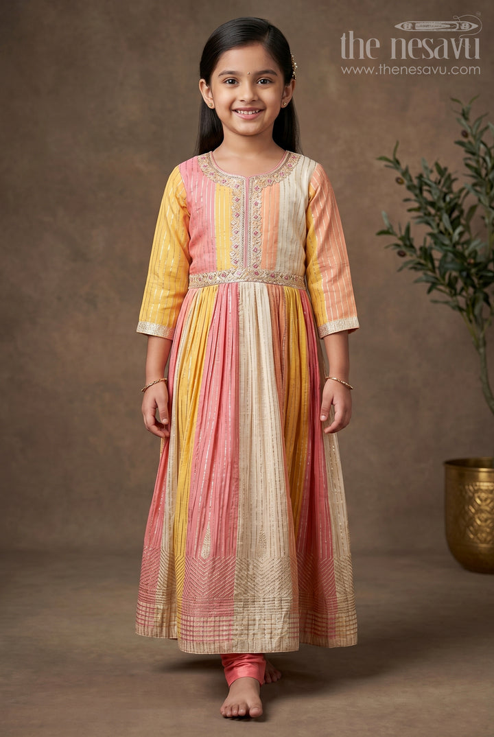 The Nesavu Girls Silk Gown Multi Color Girls Silk Gown in Colour Blocked Banarasi Jacquard with Pink Leggings and Dupatta Nesavu 24 (5Y) / Multicolor GPS592A-24 Multi Color Sharara Girls Silk Gown with Banarasi Jacquard and Pink Dupatta Set | The Nesavu