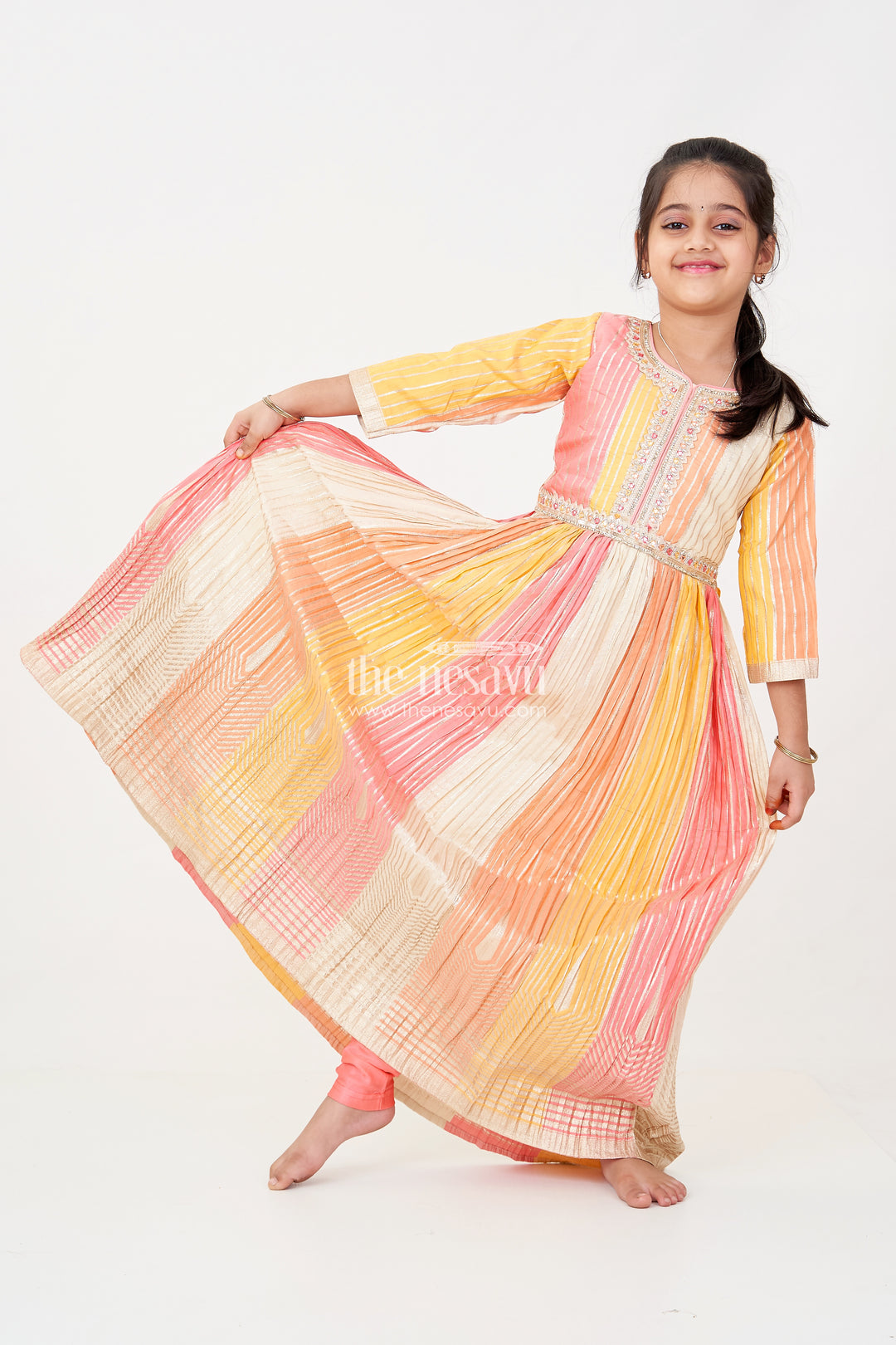 The Nesavu Girls Silk Gown Multi Color Girls Silk Gown in Colour Blocked Banarasi Jacquard with Pink Leggings and Dupatta Nesavu 24 (5Y) / Multicolor GPS592A-24 Nesavu Multi Color Sharara Girls Silk Gown with Banarasi Jacquard and Pink Dupatta Set