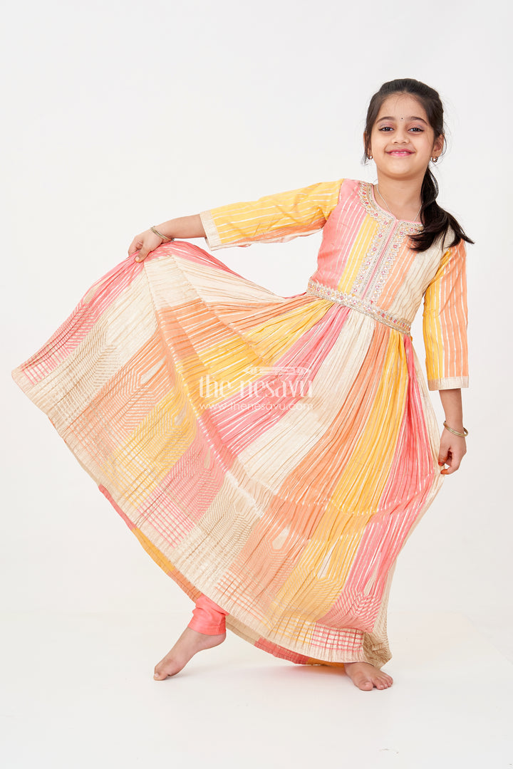 The Nesavu Girls Silk Gown Multi Color Girls Silk Gown in Colour Blocked Banarasi Jacquard with Pink Leggings and Dupatta Nesavu 24 (5Y) / Multicolor GPS592A-24 Nesavu Multi Color Sharara Girls Silk Gown with Banarasi Jacquard and Pink Dupatta Set