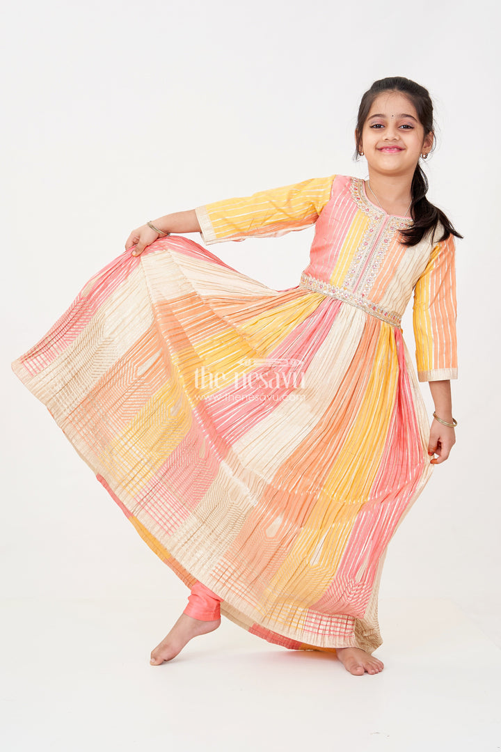 The Nesavu Girls Silk Gown Multi Color Girls Silk Gown in Colour Blocked Banarasi Jacquard with Pink Leggings and Dupatta Nesavu 24 (5Y) / Multicolor GPS592A-24 Nesavu Multi Color Sharara Girls Silk Gown with Banarasi Jacquard and Pink Dupatta Set