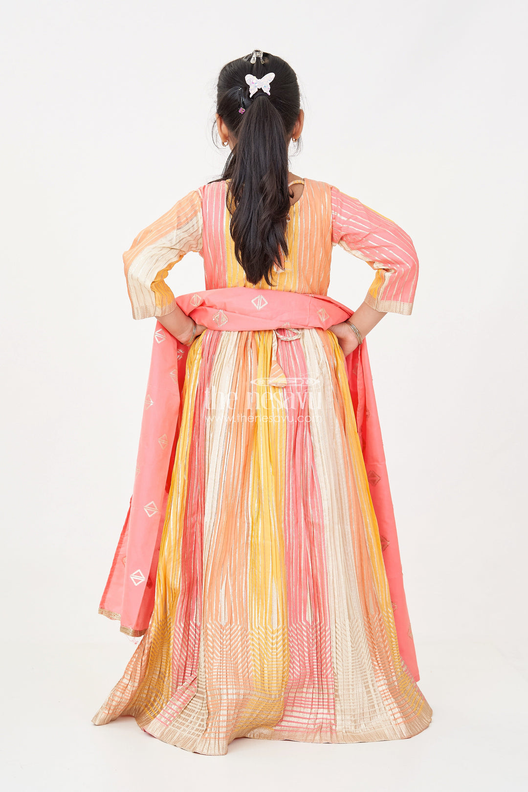 The Nesavu Girls Silk Gown Multi Color Girls Silk Gown in Colour Blocked Banarasi Jacquard with Pink Leggings and Dupatta Nesavu Multi Color Sharara Girls Silk Gown with Banarasi Jacquard and Pink Dupatta Set | The Nesavu