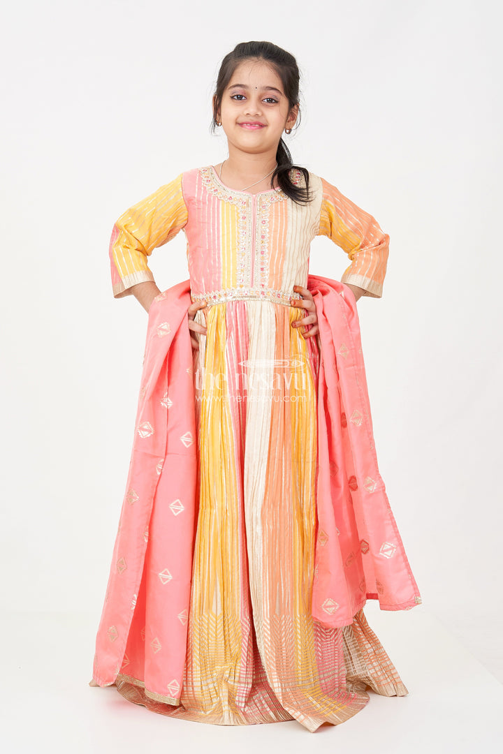 The Nesavu Girls Silk Gown Multi Color Girls Silk Gown in Colour Blocked Banarasi Jacquard with Pink Leggings and Dupatta Nesavu Multi Color Sharara Girls Silk Gown with Banarasi Jacquard and Pink Dupatta Set | The Nesavu