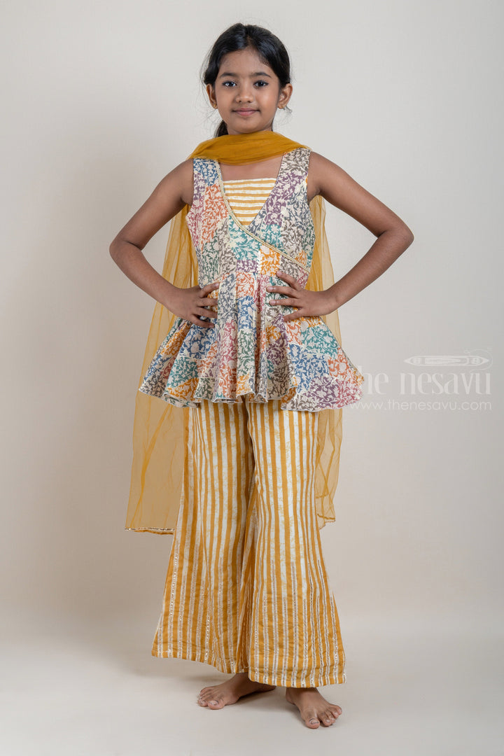 The Nesavu Girls Sharara / Plazo Set Multi-Colour Floral Printed Peplum Pattern Kurti with Yellow Striped Palazzo Pant for Girls Nesavu 14 (6M) / Yellow / Rayon GPS147B-14 Shop Multi-Colour Floral Printed Peplum Pattern Kurti with Yellow Striped Palazzo Pant for Girls | Designer Ethnic Wear | The Nesavu