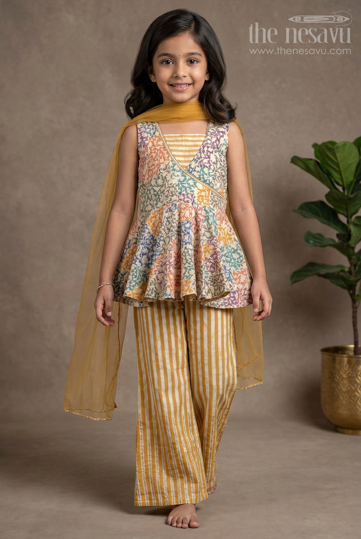 The Nesavu Girls Sharara / Plazo Set Multi-Colour Floral Printed Peplum Pattern Kurti with Yellow Striped Palazzo Pant for Girls Nesavu 14 (6M) / Yellow / Rayon GPS147B-14 Shop Multi-Colour Floral Printed Peplum Pattern Kurti with Yellow Striped Palazzo Pant for Girls | The Nesavu