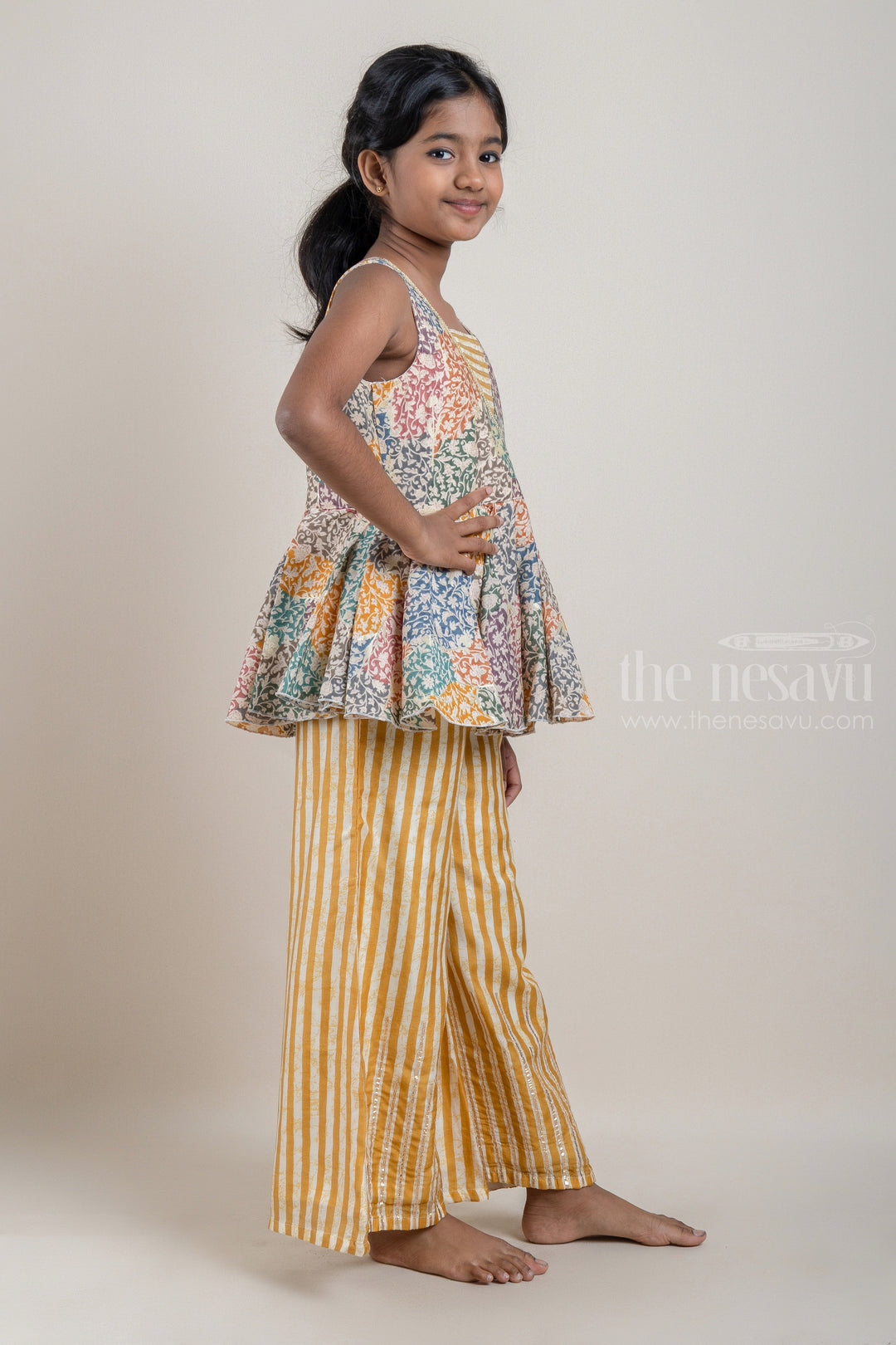 The Nesavu Girls Sharara / Plazo Set Multi-Colour Floral Printed Peplum Pattern Kurti with Yellow Striped Palazzo Pant for Girls Nesavu Shop Multi-Colour Floral Printed Peplum Pattern Kurti with Yellow Striped Palazzo Pant for Girls | Designer Ethnic Wear | The Nesavu