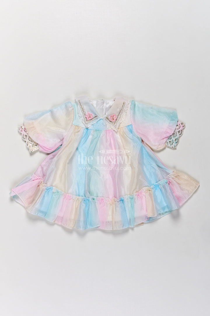 The Nesavu Girls Fancy Frock Multi Colour Frock Design for Girls in Pastel Organza with Frills and Decorative Collar Nesavu 16 (1Y) / Multicolor GFC1782A-16 Multi Colour Frock Design Girls Organza Puff Sleeves Decorative Lace Collar | The Nesavu