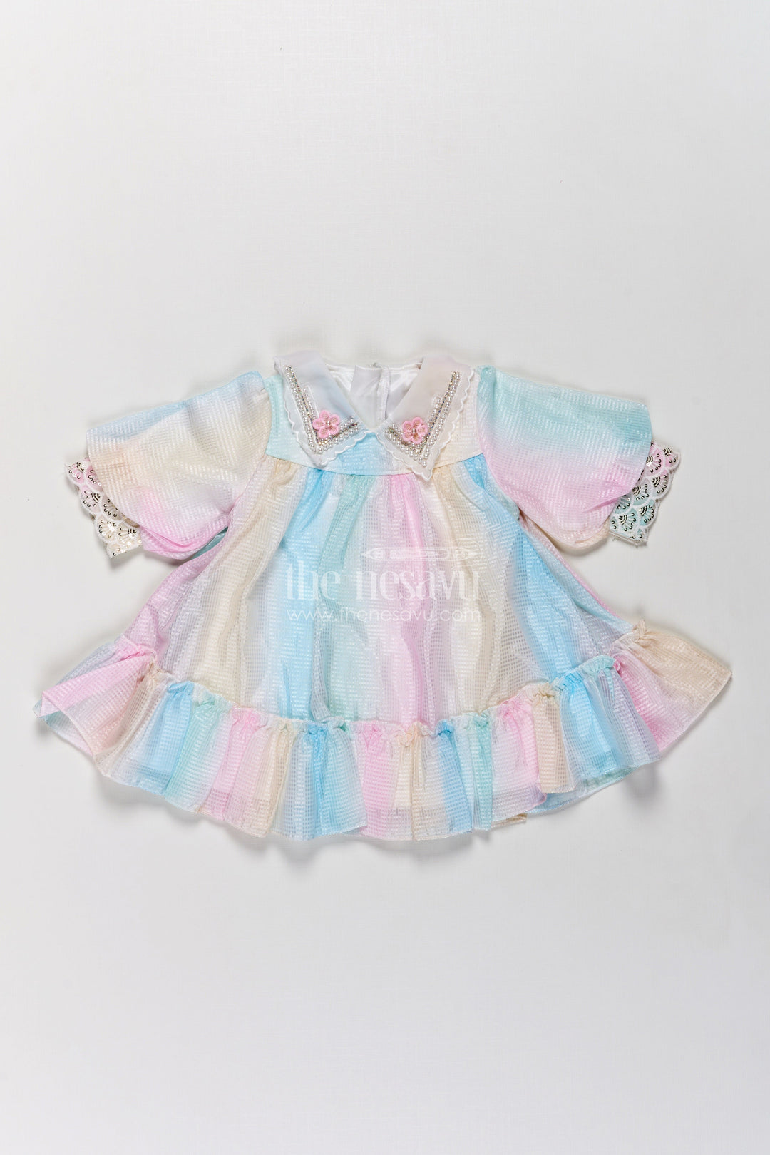 The Nesavu Girls Fancy Frock Multi Colour Frock Design for Girls in Pastel Organza with Frills and Decorative Collar Nesavu Multi Colour Frock Design Girls Organza Puff Sleeves Decorative Lace Collar | The Nesavu