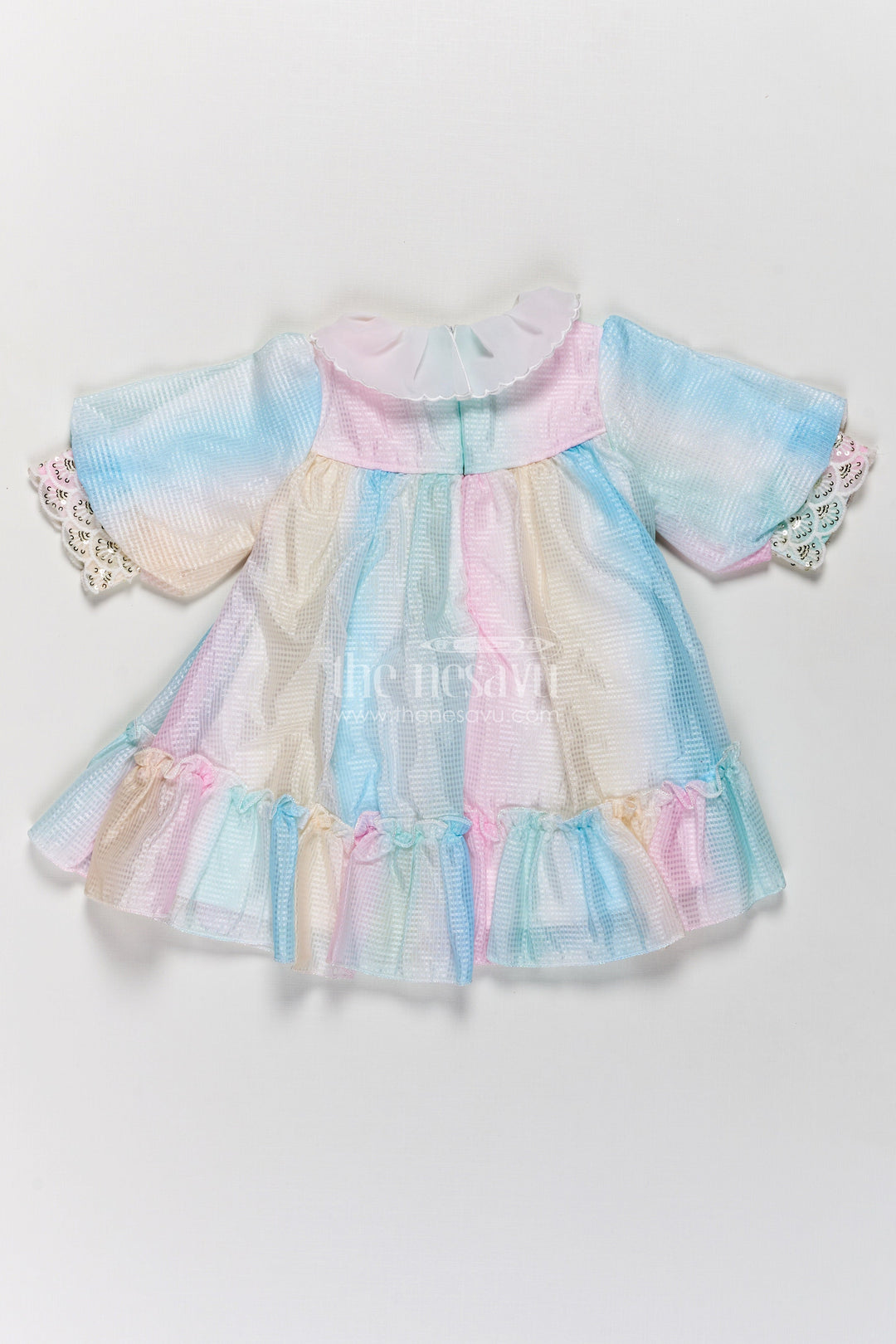 The Nesavu Girls Fancy Frock Multi Colour Frock Design for Girls in Pastel Organza with Frills and Decorative Collar Nesavu Multi Colour Frock Design Girls Organza Puff Sleeves Decorative Lace Collar | The Nesavu