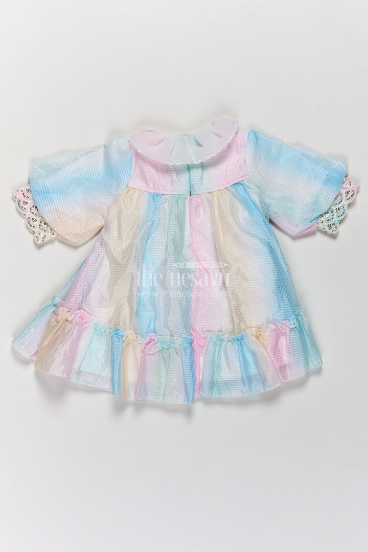 The Nesavu Girls Fancy Frock Multi Colour Frock Design for Girls in Pastel Organza with Frills and Decorative Collar Nesavu Multi Colour Frock Design Girls Organza Puff Sleeves Decorative Lace Collar | The Nesavu