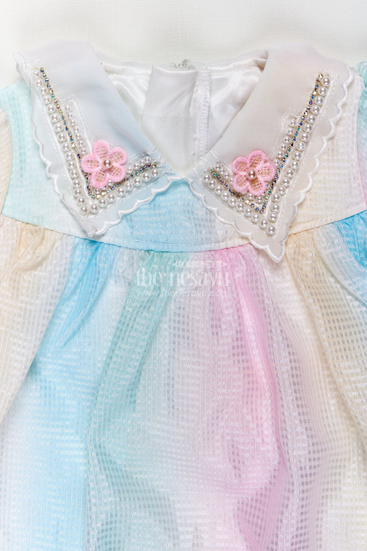 The Nesavu Girls Fancy Frock Multi Colour Frock Design for Girls in Pastel Organza with Frills and Decorative Collar Nesavu Multi Colour Frock Design Girls Organza Puff Sleeves Decorative Lace Collar | The Nesavu