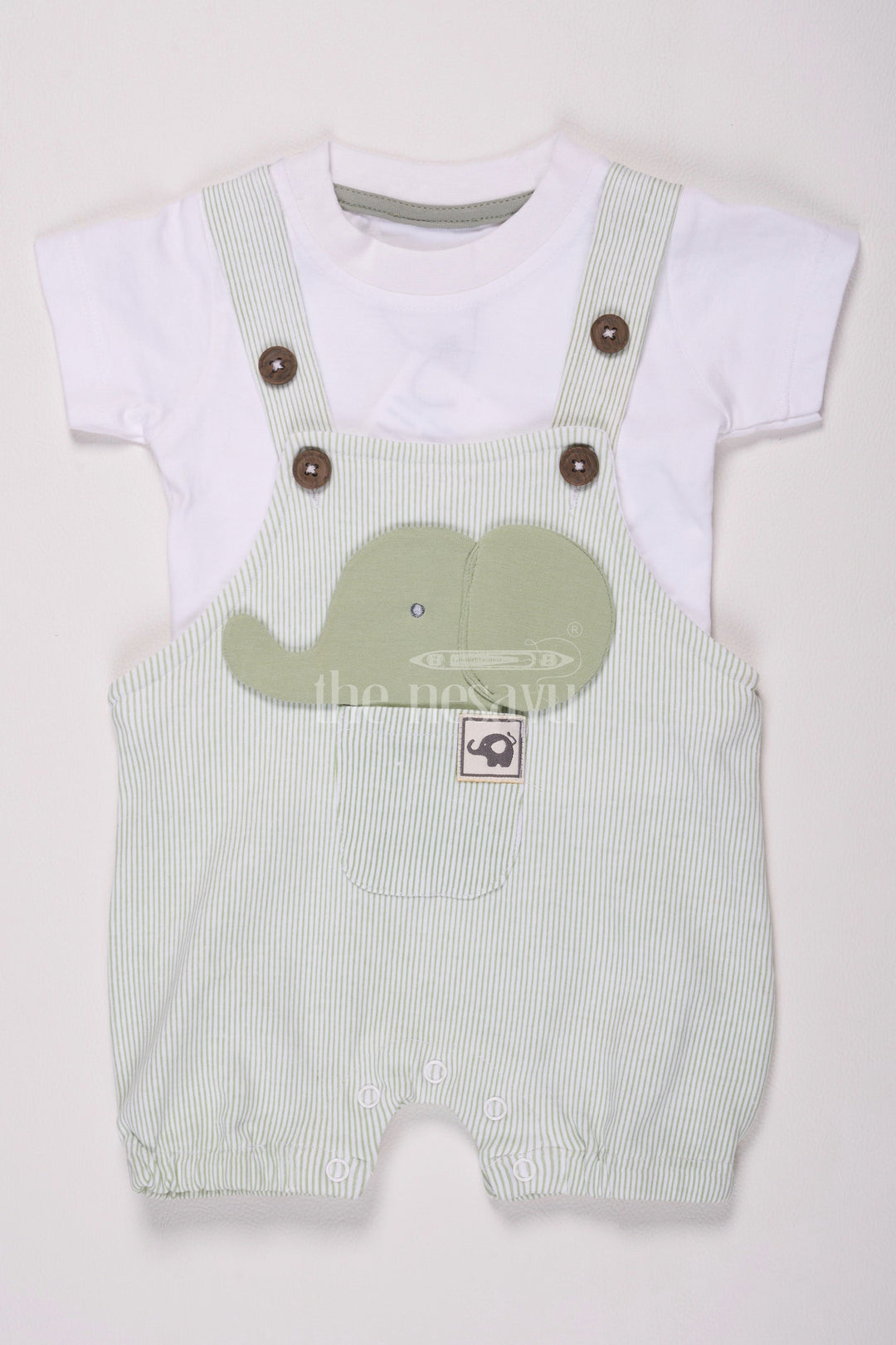 The Nesavu Baby Dungarees Multicolor Baby Dungaree Set with Green Striped Overalls and Elephant Patch for Boys Nesavu 12 (3M) / Multicolor BCS145B-12 Multicolor Baby Dungaree Set Green Striped Overalls Elephant Patch Boys