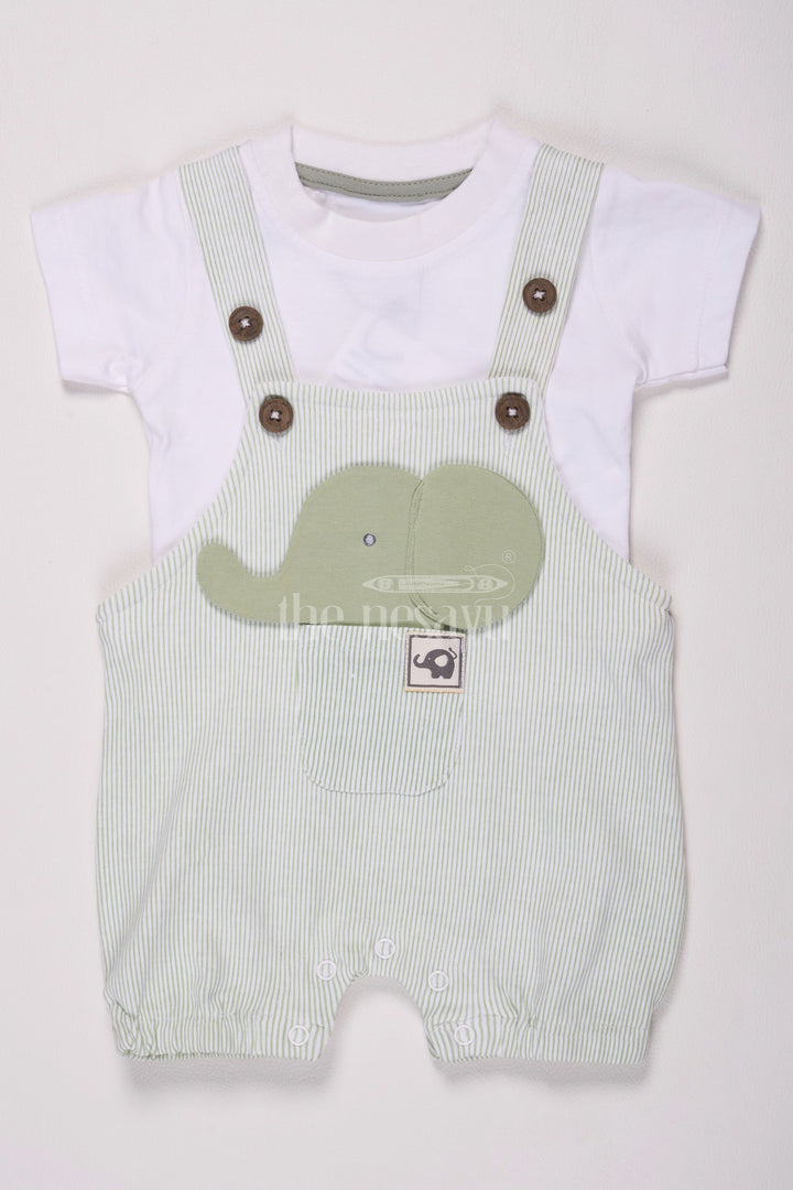 The Nesavu Baby Dungarees Multicolor Baby Dungaree Set with Green Striped Overalls and Elephant Patch for Boys Nesavu 12 (3M) / Multicolor BCS145B-12 Multicolor Baby Dungaree Set Green Striped Overalls Elephant Patch Boys