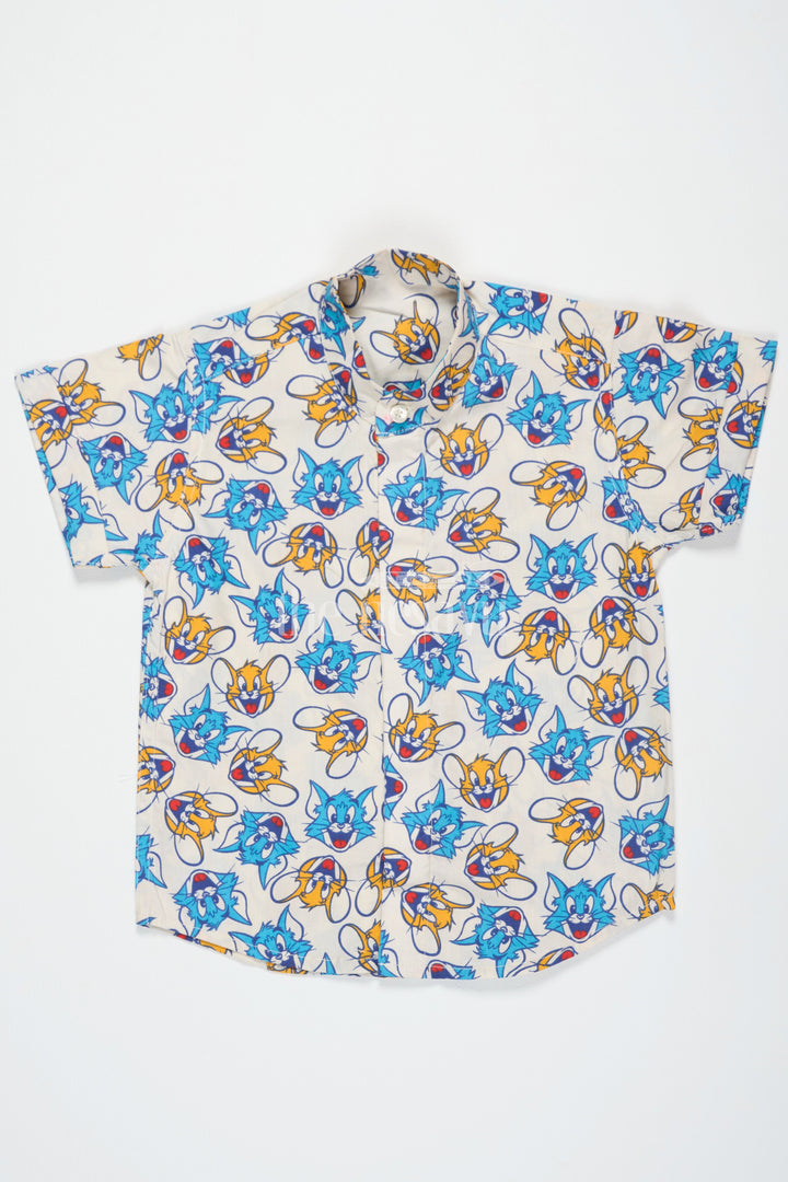 The Nesavu Boys Cotton Shirt Multicolor Boys Cotton Jeans Shirt with Fun Cartoon Print Half Sleeves Comfortable Fit Nesavu 16 (1Y) / multicolor BS188A-16 Multicolor Boys Cotton Cartoon Print Jeans Shirt Nesavu Playful Half Sleeves Comfortable Wear