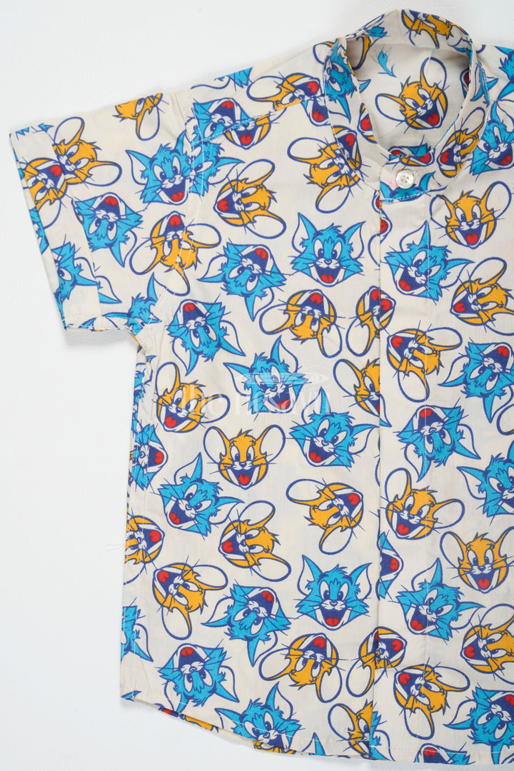 The Nesavu Boys Cotton Shirt Multicolor Boys Cotton Jeans Shirt with Fun Cartoon Print Half Sleeves Comfortable Fit Nesavu Multicolor Boys Cotton Cartoon Print Jeans Shirt Nesavu Playful Half Sleeves Comfortable Wear