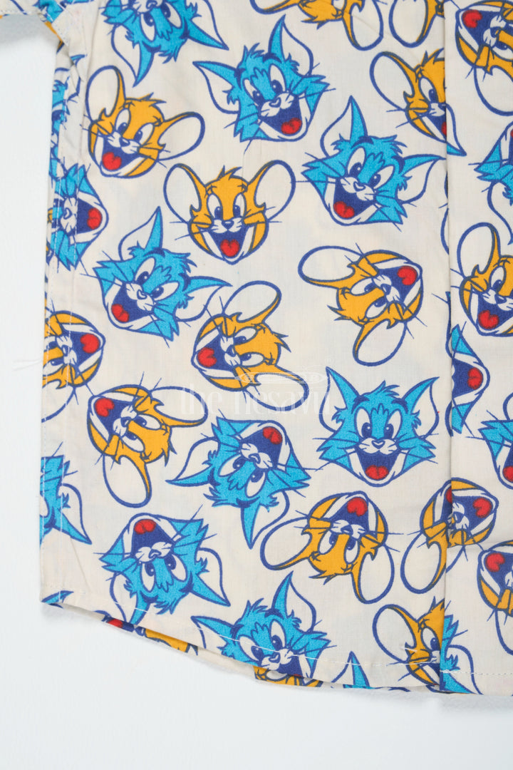 The Nesavu Boys Cotton Shirt Multicolor Boys Cotton Jeans Shirt with Fun Cartoon Print Half Sleeves Comfortable Fit Nesavu Multicolor Boys Cotton Cartoon Print Jeans Shirt Nesavu Playful Half Sleeves Comfortable Wear