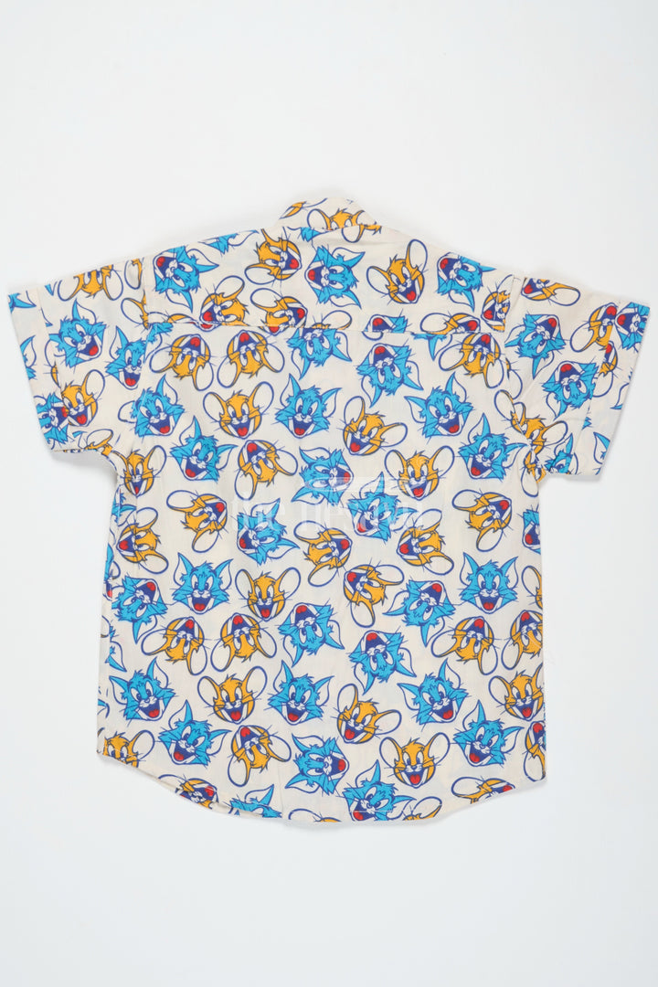 The Nesavu Boys Cotton Shirt Multicolor Boys Cotton Jeans Shirt with Fun Cartoon Print Half Sleeves Comfortable Fit Nesavu Multicolor Boys Cotton Cartoon Print Jeans Shirt Nesavu Playful Half Sleeves Comfortable Wear