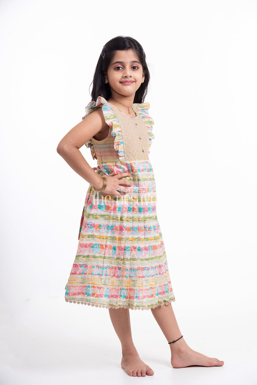 The Nesavu Girls Cotton Frock Multicolor Cotton Girls Frock with Ruffle Sleeves Nesavu Multicolor Cotton Girls' Frock with Ruffle Sleeves and Chikankari Embroidery - Nesavu